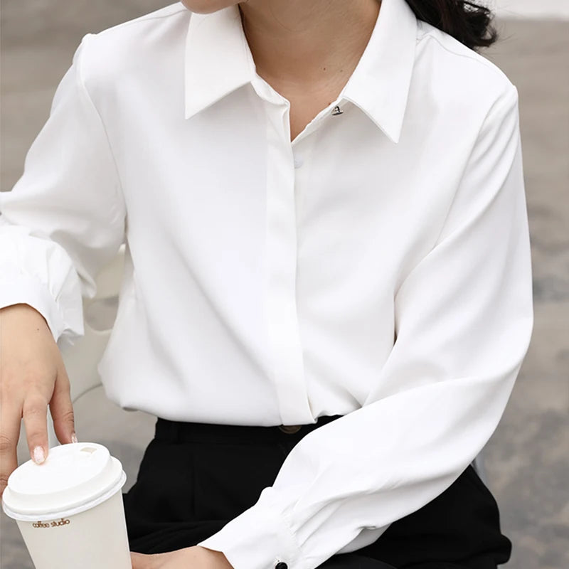 OL Style Formal Women White Shirts Turn-Down Collar Blouse Tops Elegant Workwear Female Blusa Single-Breasted Shirts Long Sleeve