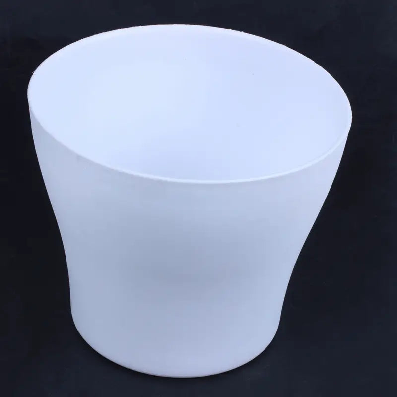 a sleek matte white plastic planter with a smooth tapered cylindrical shape and saucer measuring 17cm suitable for wholesale drop shipping and drop shipping orders