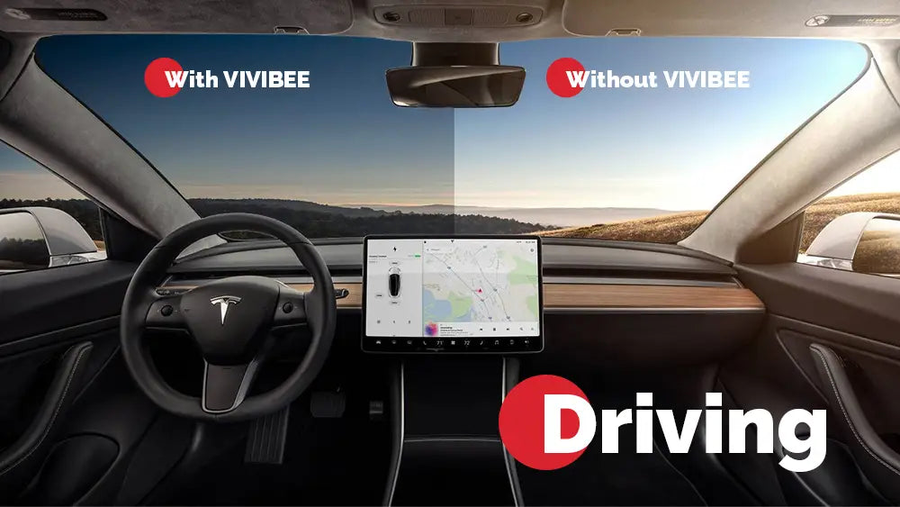 polarized clip on night vision sunglasses designed for enhancing vision with a sleek black steering wheel and central touchscreen display of a tesla model 3 interior in the background.