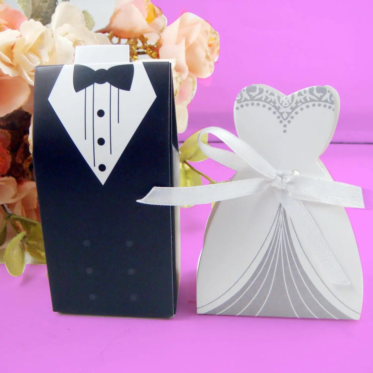 Black and white paper wedding favor candy boxes shaped like a tuxedo and bridal gown designed for bride and groom celebrations 30 pcs.