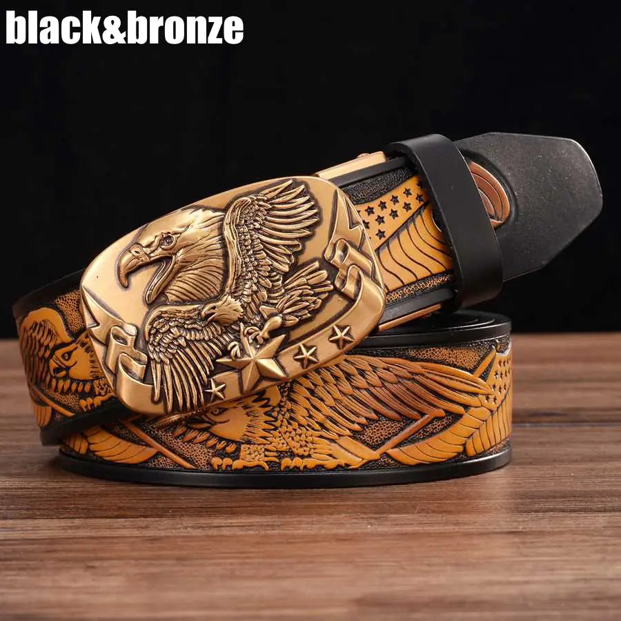 Men’s leather ratchet belt featuring a bronze eagle buckle and a black leather strap with a detailed embossed American flag pattern.
