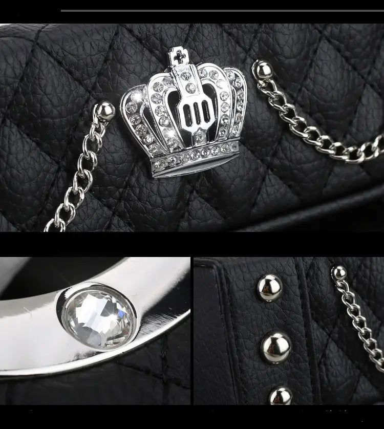 black quilted leather handbag adorned with a silver crown charm encrusted in clear rhinestones attached to a matching chain featured in the crown leather car steering wheel cover set product image