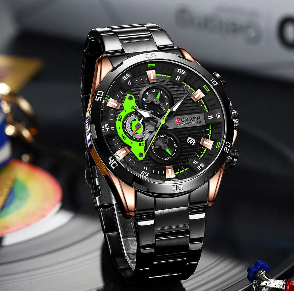 Curren men black green chronograph stainless steel watch featuring a black and rose gold case with a bold green accent on the dial.