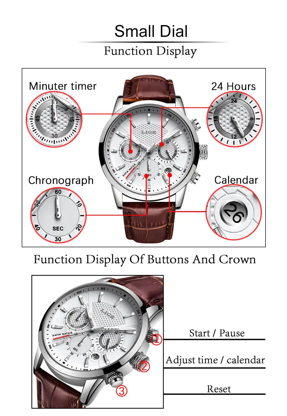 lige men’s leather chronograph quartz watch with a silver-toned case, white dial, brown leather strap, and multiple subdials for timer, 24-hour display, and calendar functions.