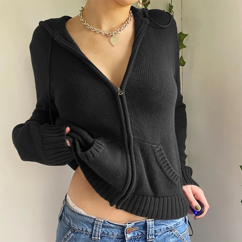 Women Autumn Hoodies Sweater Cardigan Knit Long Sleeve Crop Top Harajuku Color Zipper Front Warm Fit Outwear
