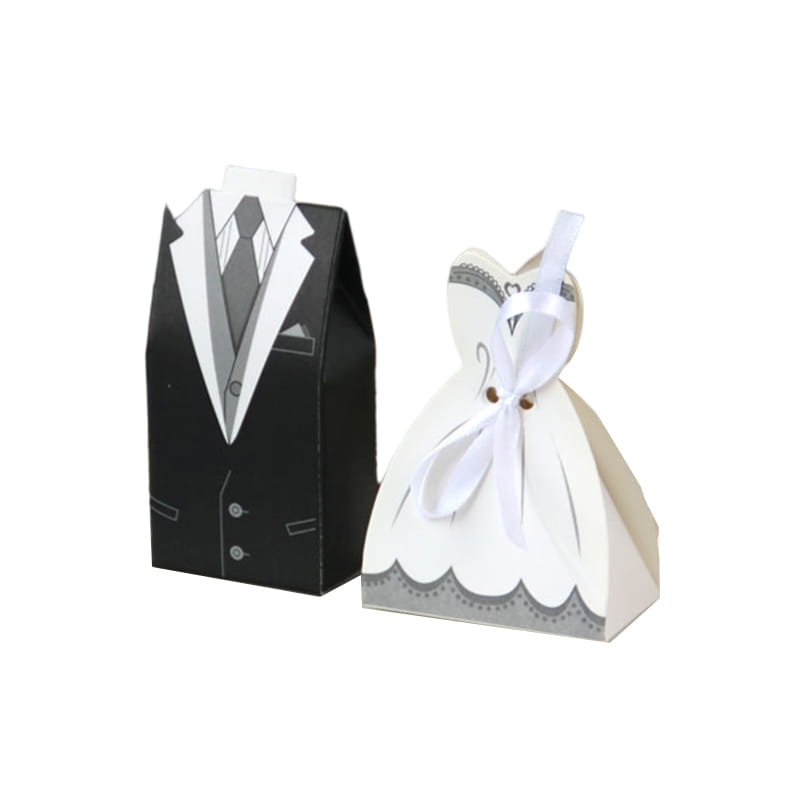 Black and white paper wedding favor candy boxes shaped like a bride’s dress and groom’s suit in a set of 30 pieces.