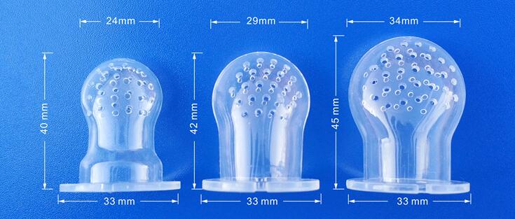 Transparent silicone baby fruit feeder and teether set with three sizes featuring rounded tops with evenly spaced perforations and flat bases for safe teething.