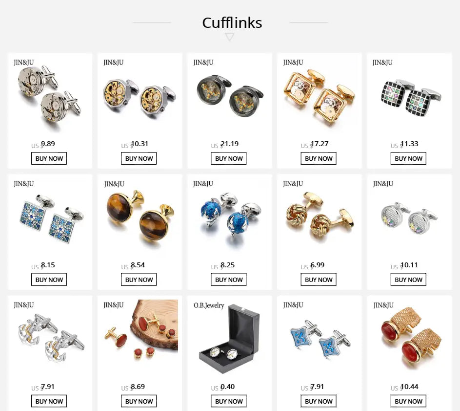 silver and gold toned cufflinks with intricate mechanical gear designs displayed in a grid of various styles from jin&ju complement a luxury gold plated bangle bracelet with cubic zirconia accents.