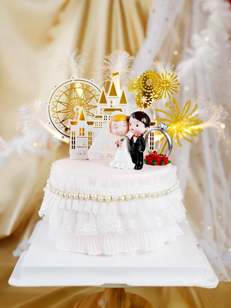 Happy Wedding  Anniversary Gold Castle Acrylic Cake Toppers  Bride Groom Mr Mrs Wedding Diamond Ring Cake Supplies Decoration