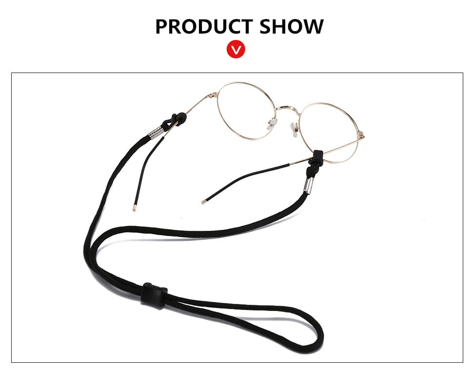 Black fabric eyewear strap with silver metal clasps and looped end for non-slip sports use in a 10 pack cord set.