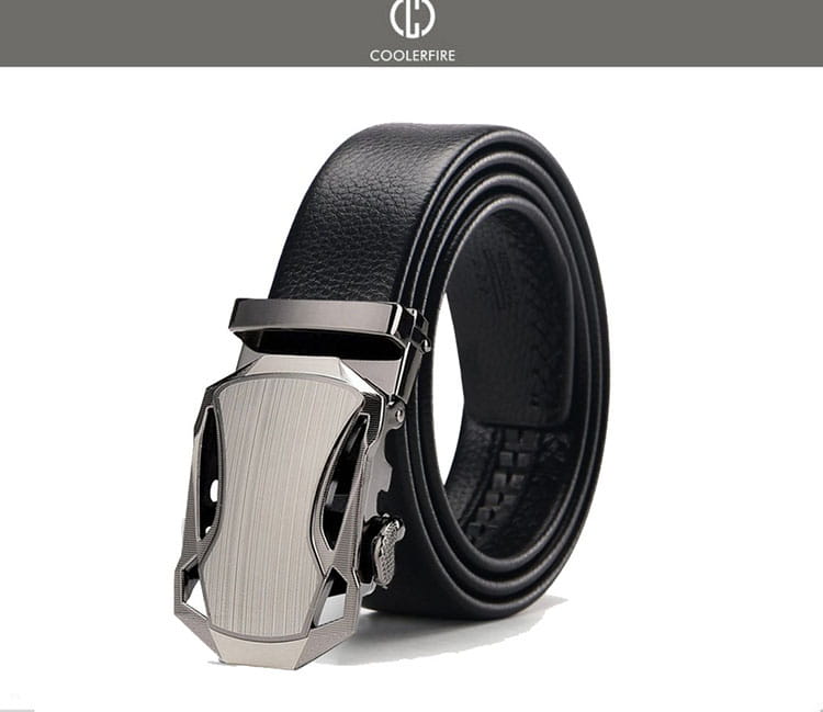 Black leather men automatic leather belt with a sleek brushed silver-toned angular textured automatic buckle.