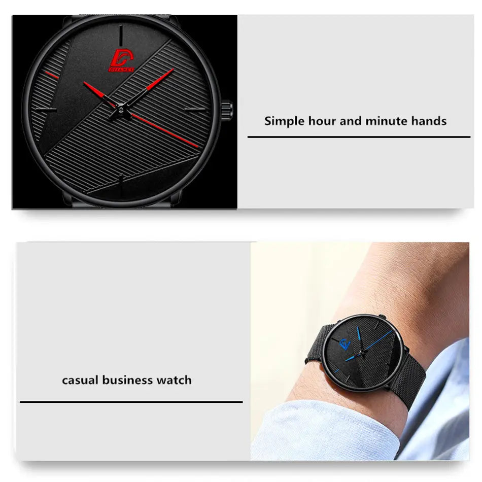 Minimalistische schwarze Quarzarmbanduhr für Herren mit einem schwarz strukturierten Carbonfaser-Look am Zifferblatt, roten und blauen Zeigern sowie schwarzem Mesh-Armband.