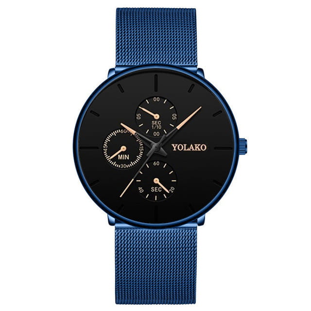 Montre à quartz à maille noire ultrafine pour hommes, avec un bracelet en maille bleu, un design Yolako, un cadran noir et trois sous-cadrans.