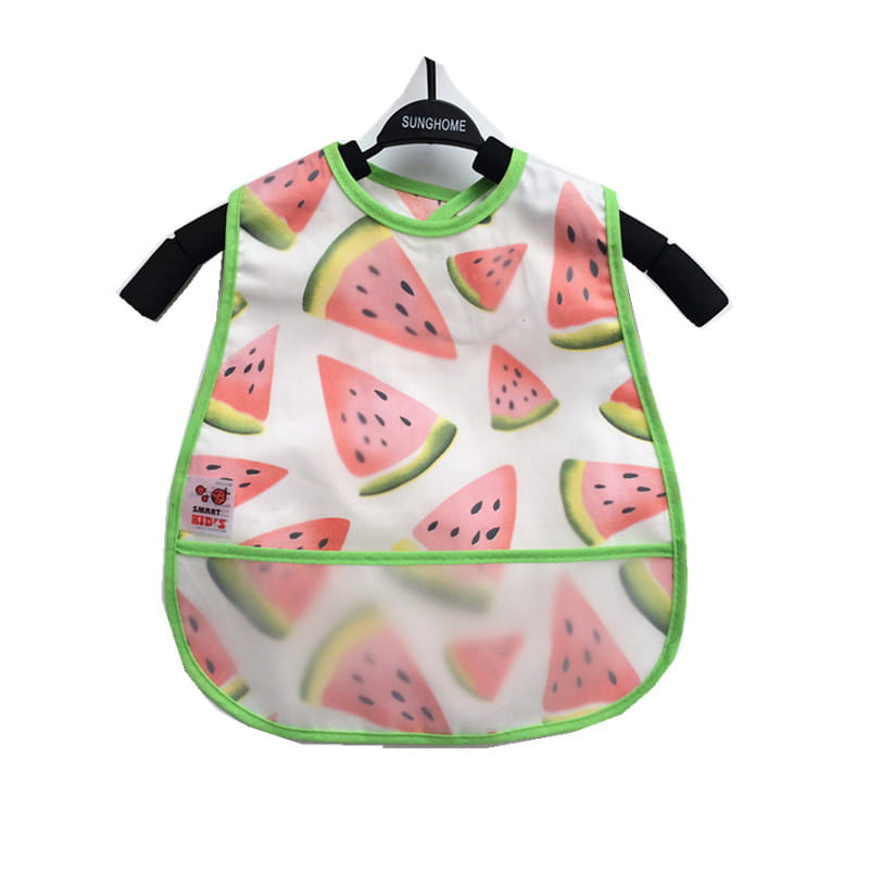 Wasserdichte Baby-Lätzchen in Weiß mit verspieltem rosa- und grünem Wassermelonen-Scheibenmuster aus EVA-Material, mit schwarzen Armbändern und kräftigem limettengrünem Rand für eine Cartoon-Fütter-Schürze.