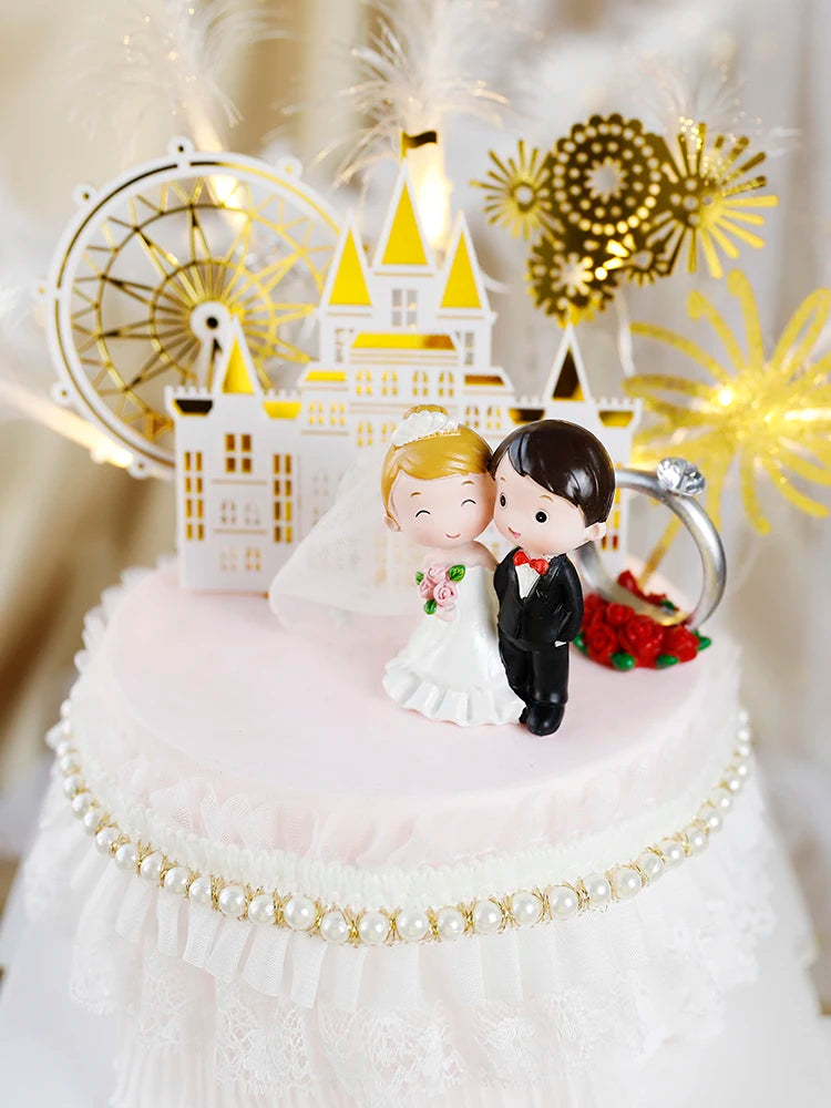 Happy Wedding  Anniversary Gold Castle Acrylic Cake Toppers  Bride Groom Mr Mrs Wedding Diamond Ring Cake Supplies Decoration