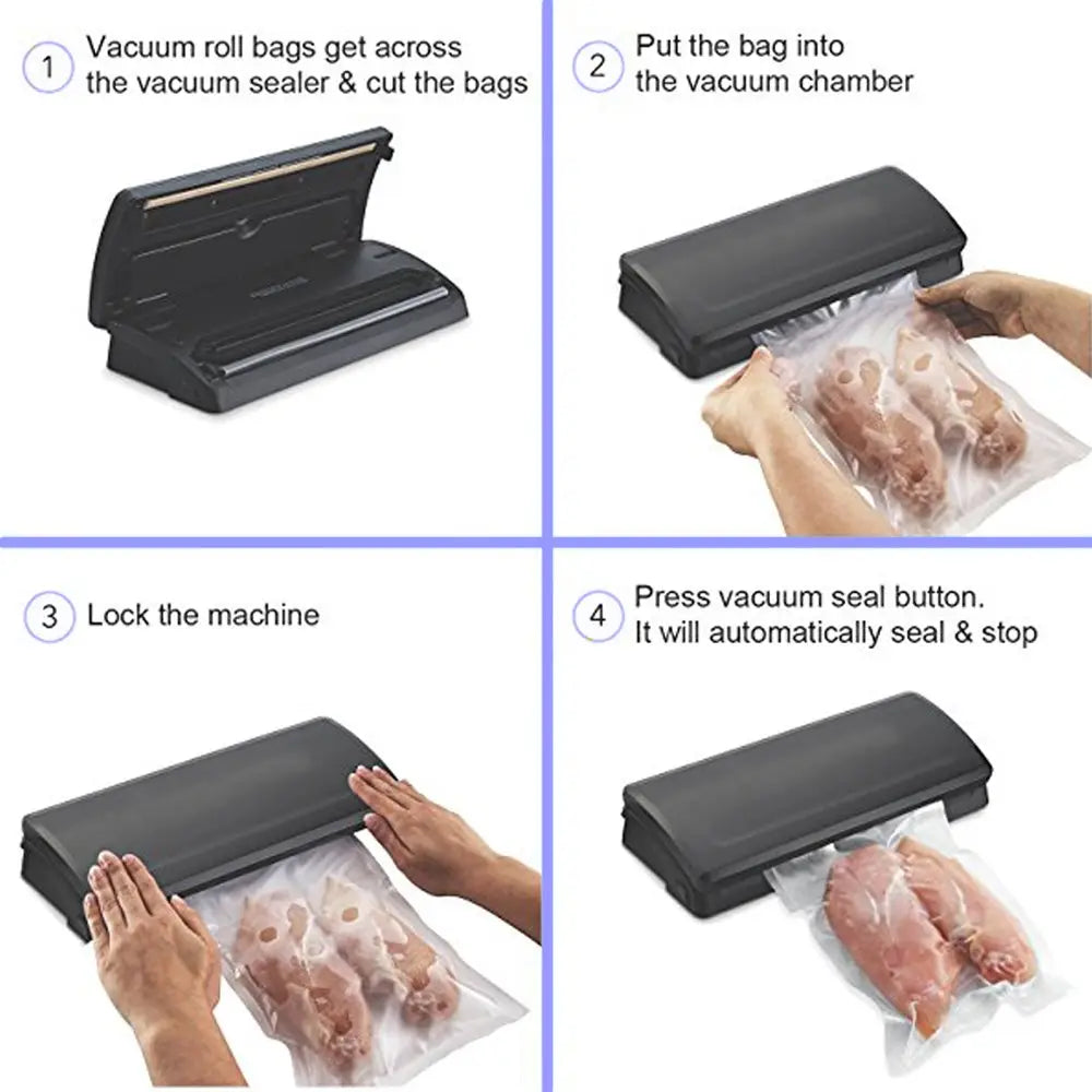 Black countertop vacuum sealer with sleek rectangular design and smooth plastic casing for use with vacuum sealer food storage bags textured clear rolls.