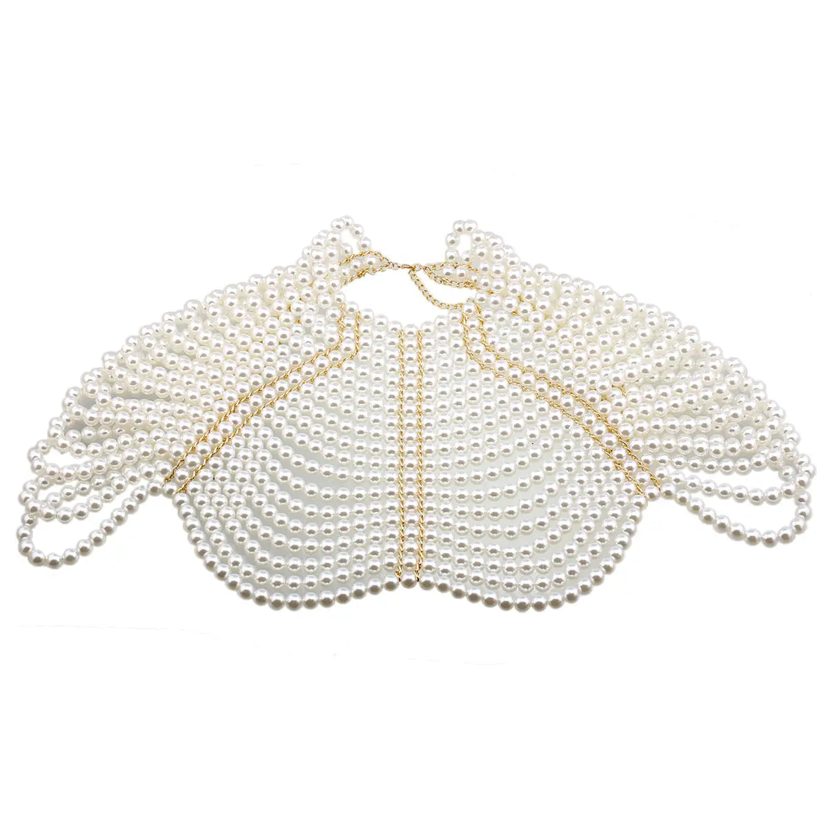 Un collier de mode en chaîne corporelle de perles blanches, délicat, avec des détails de chaînes dorées.