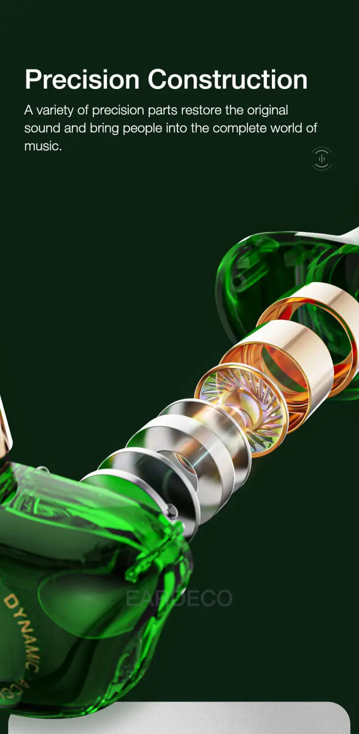 Casque d’écoute filaire vert émeraude à micro stéréo intra-auriculaire, doté d’écouteurs translucides verts avec composants internes métalliques et de couleur dorée, pour une fonctionnalité de casque stéréo.