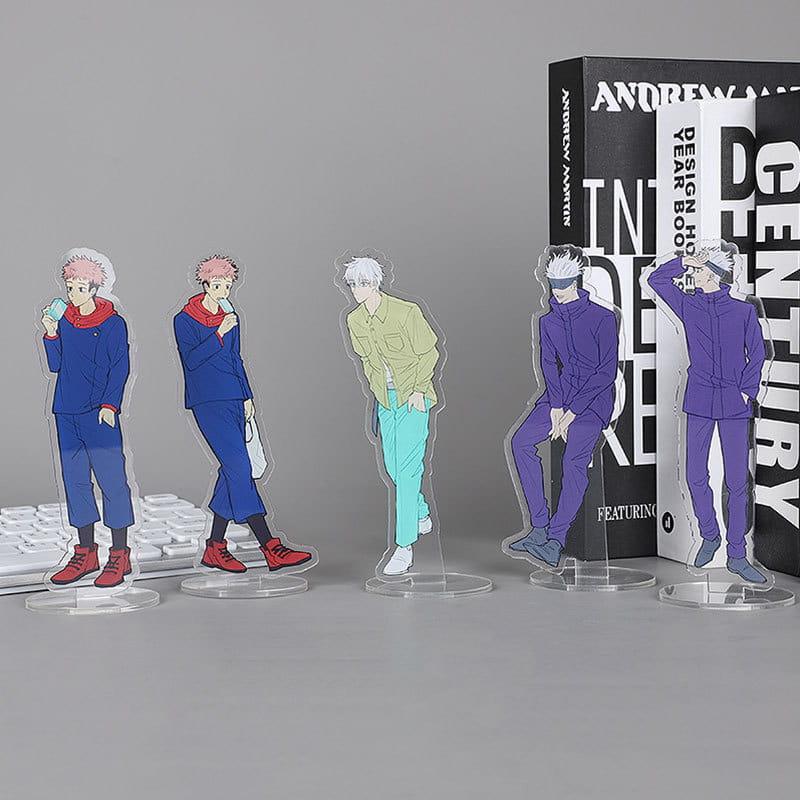 five translucent acrylic standees of custom acrylic anime photo keychain personalized cartoon charm featuring anime characters in colorful outfits with clear circular bases