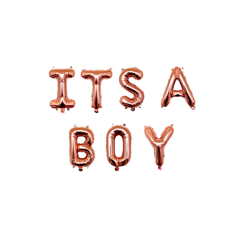 Ballons en feuille rose gold en ensemble de lettres formant « c’est un garçon » pour la décoration de baby shower.
