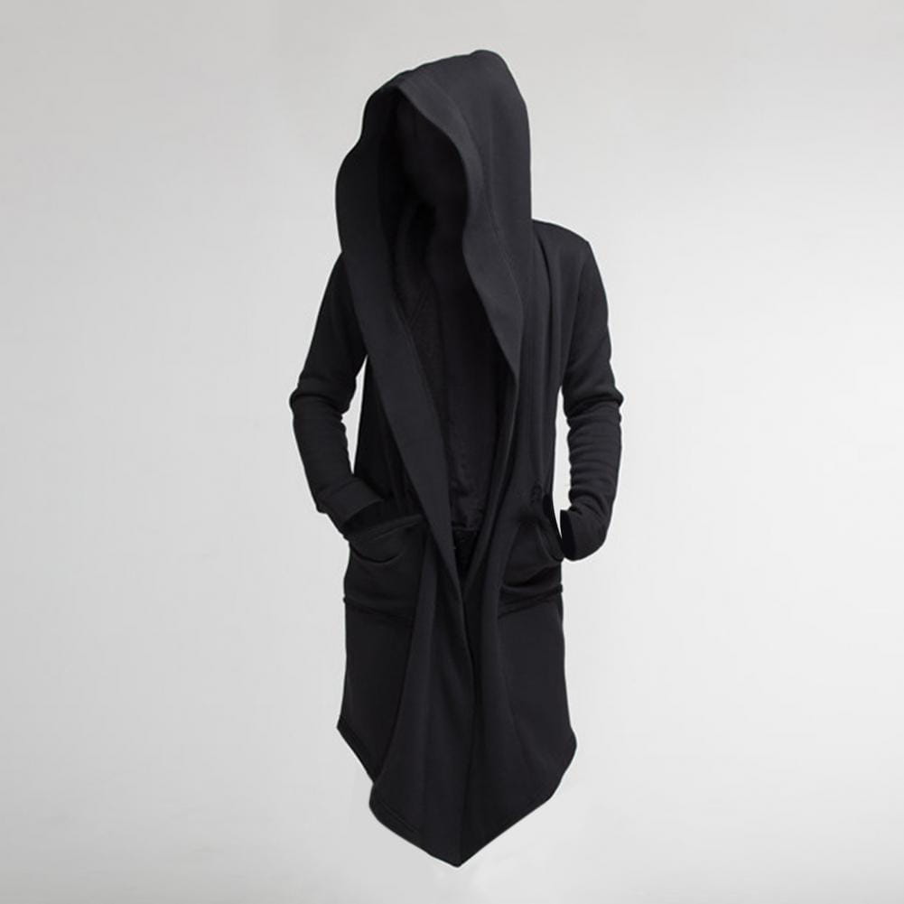 Trench coat con capucha negro, de silueta larga y fluida, con bolsillos delanteros, diseñado como una capa larga gótica con capucha para hombre.