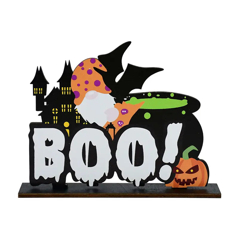 Halloween-Holz-Hänge-Schild mit einer Hexe, einem Kessel, einem Schloss und einem Kürbis mit weißer Schrift „Boo“ zur Kürbis-Türdekoration.