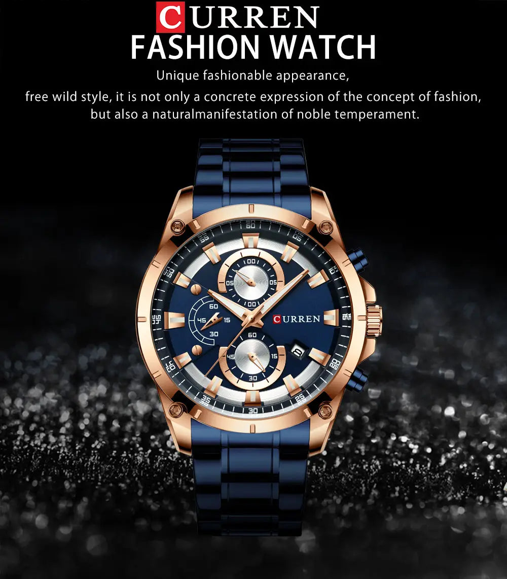 Uhr mit Chronograph von Curren aus roségoldfarbenem, Edelstahlgehäuse und einem dunkelblauen Keramik-Uhrenarmband mit mehreren Zifferblättern.