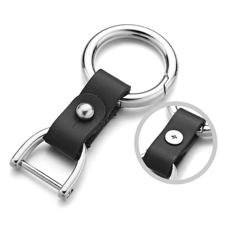 Black leather car keychain with silver-toned metal d-ring and buckle.