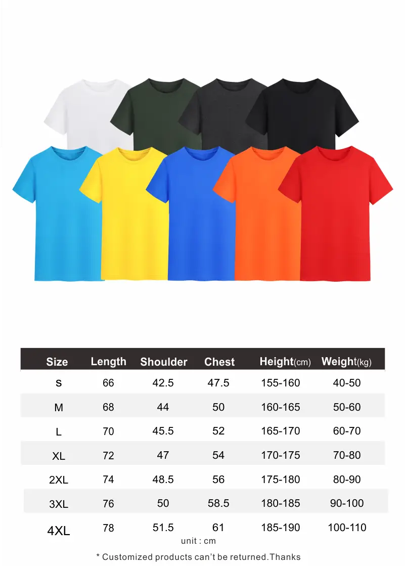 A collection of plain short-sleeved cotton t shirts for men customized in various solid colors including white, green, black, blue, yellow, orange, and red with an available size chart.