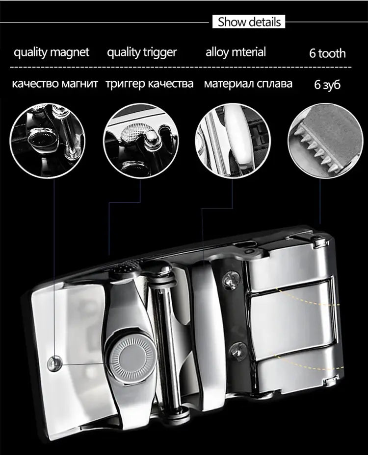 Shiny silver metal belt buckle with circular trigger mechanism and six teeth for men automatic leather belt.