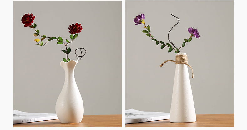 Modern white ceramic vase with a flared rim and slender neck adorned with a twisted wire accent on the left side and tied twine around its base for floral decor