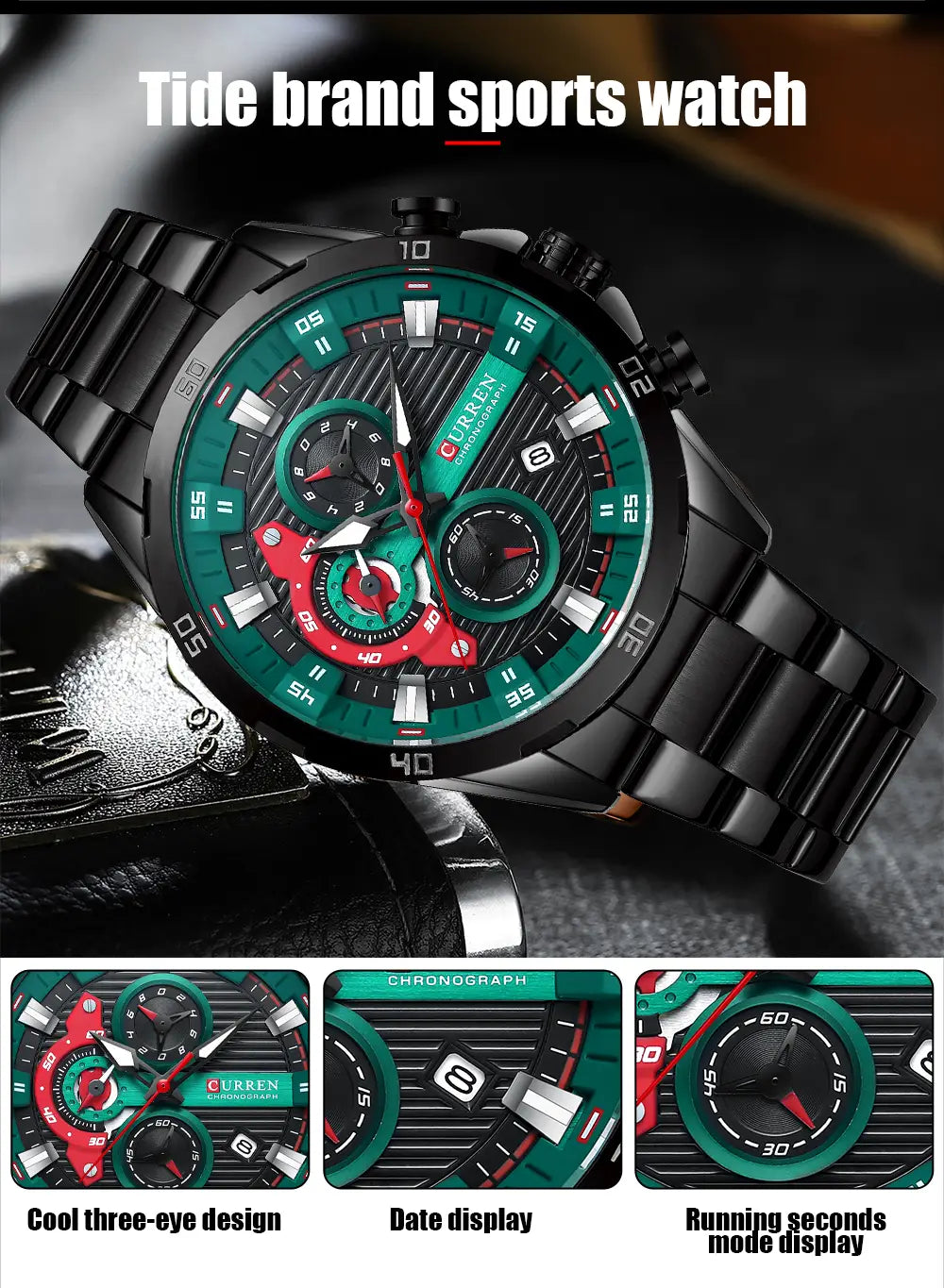 curren men black green chronograph stainless steel watch featuring a black metal band and case with a vibrant green dial accented by red details, showcasing the tide brand sports watch.