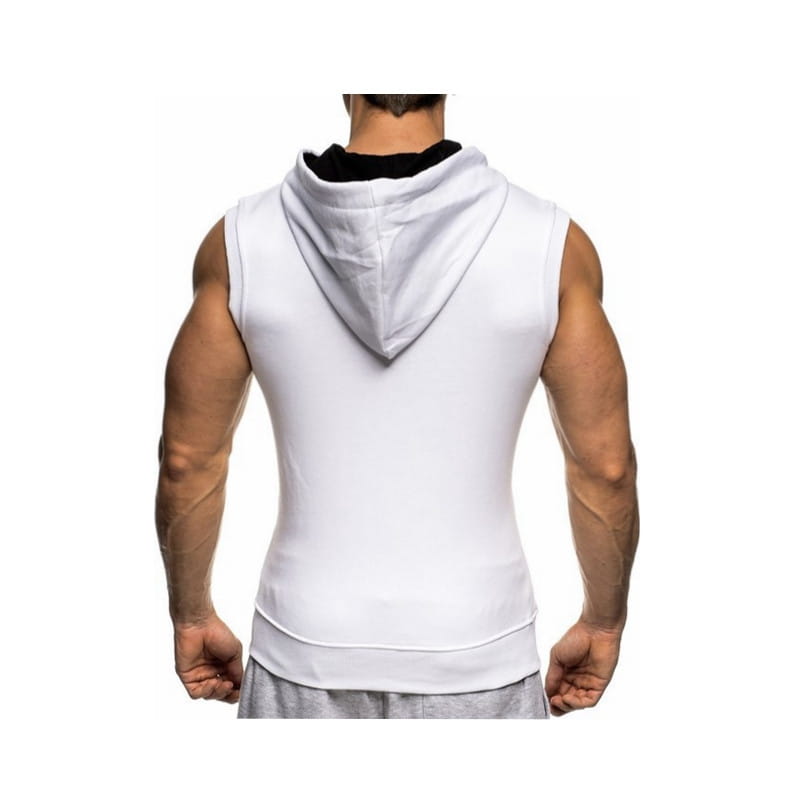 Men sleeveless zip hoodie gym tank top in white with black inner lining and ribbed hem designed for activewear.