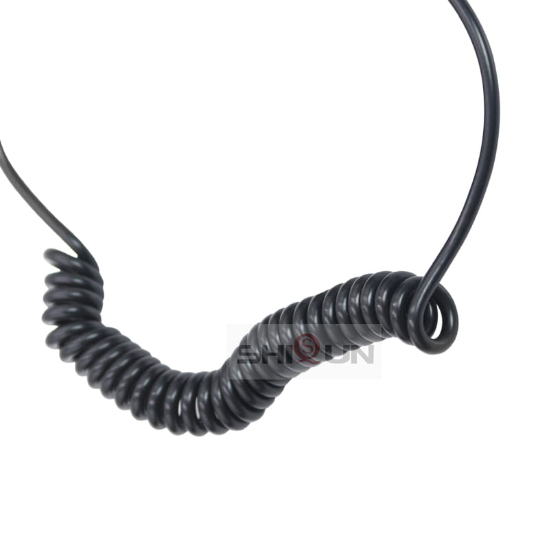 Black coiled cable with a flexible spiral design for Baofeng Walkie Talkie 12v car charger model.