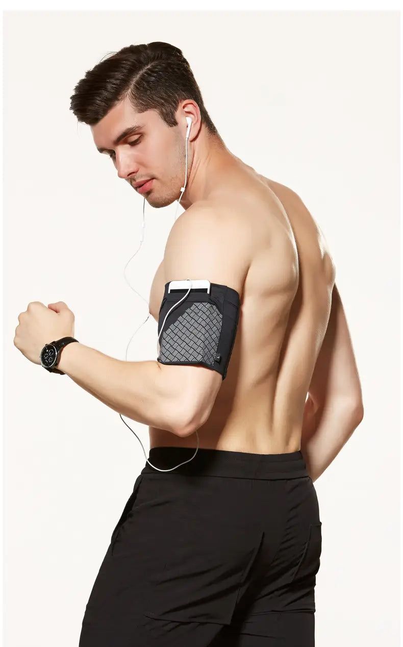 Black mesh running armband with white elastic strap and silver-colored metal clasp designed for 6.5 inch phones.