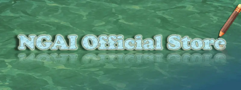 the ngai official store logo in stylized light blue text with a reflective water-like background associated with the bone china red scroll dinnerware set