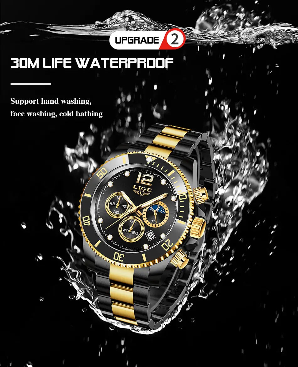 Montre chronographe bicolore noir et or Lige avec un bracelet en acier inoxydable à double ton.