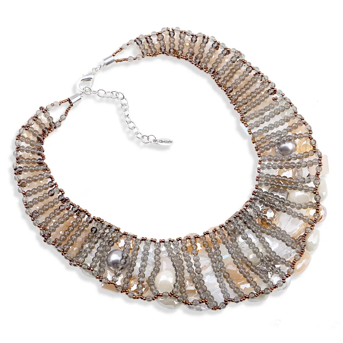 A delicate crystal pearl statement choker necklace featuring cascading strands of clear and smoky gray crystals with metallic bronze beads and pearl-like spheres.