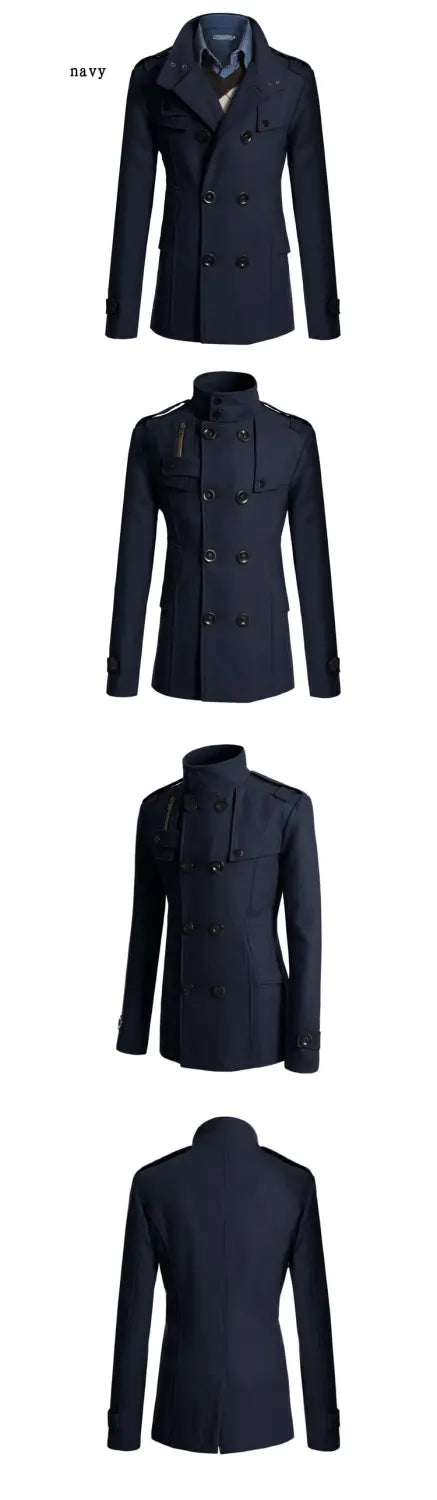 Manteau trench en laine noire pour homme à double boutonnage, présentant un tissu bleu marine, avec un col structuré et des poignets boutonnés.
