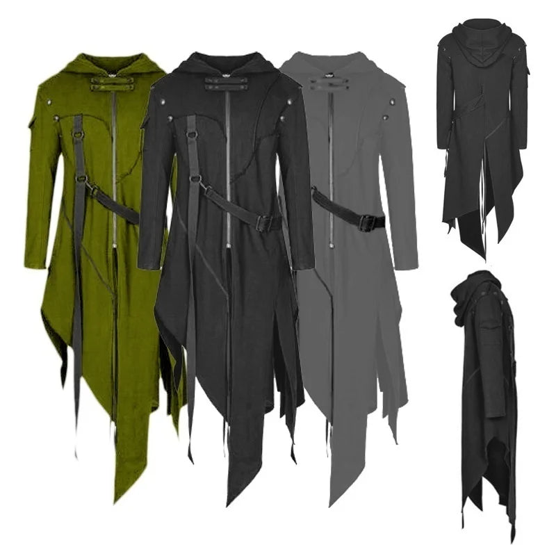 SHUJIN Men Gothic Style Hip Hop Trench Coat Hooded Cloak Men's Irregular Design Long Cardigan Street Punk Vintage Jackets