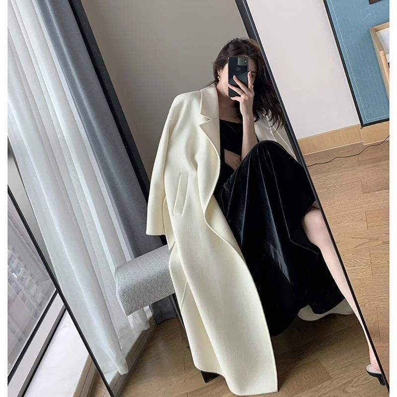White Woolen Coat Women Autumn And Winter High-End Fashion Temperament Long Thick Blended Wool Windbreaker Female Jacket Belt 99