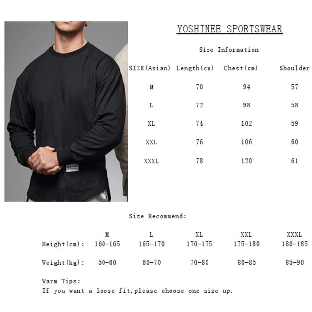 Black men long sleeve cotton t shirt with curved hem from yoshinee sportswear featuring a crewneck and long sleeves.
