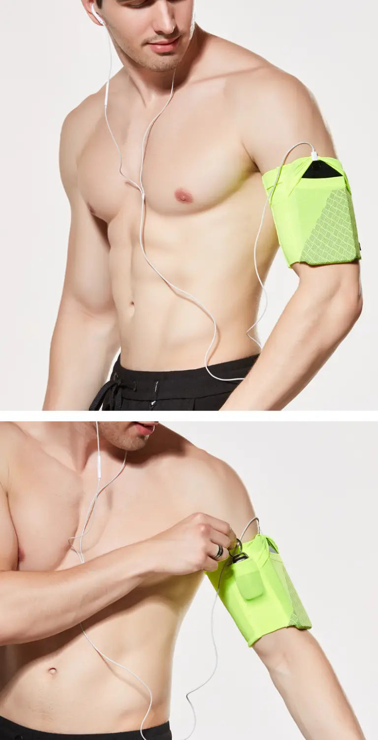 neon green mesh running armband for 6.5 inch phones featuring a black triangular flap and zipper closure