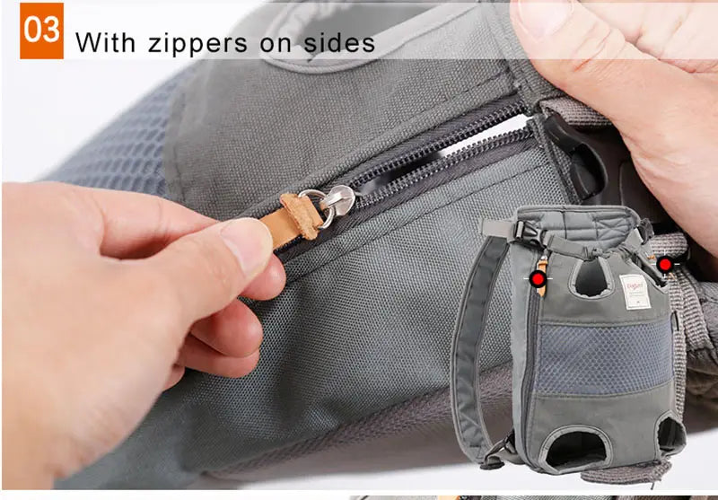 portador tipo mochila de malla gris y tela para perro mascota y gato para viajes, con cremalleras laterales y lengüetas de cuero para un transporte conveniente de la bolsa para perros