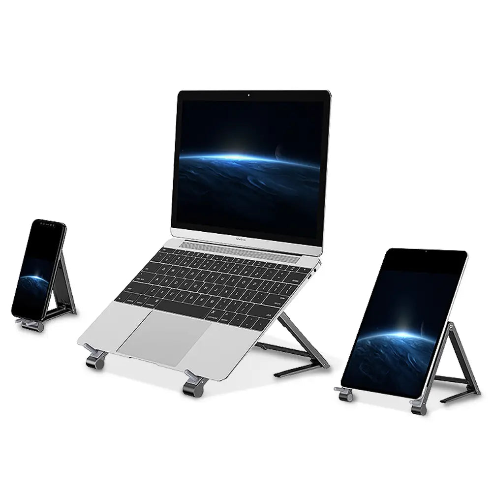Silver foldable aluminum laptop stand with adjustable legs and sleek minimalist design for mobile phone and mobile phone tablet use.