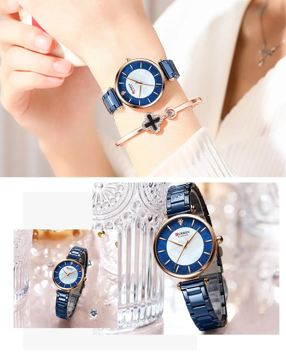 Blue and white ceramic Curren women luxury thin quartz watch with rose gold accents