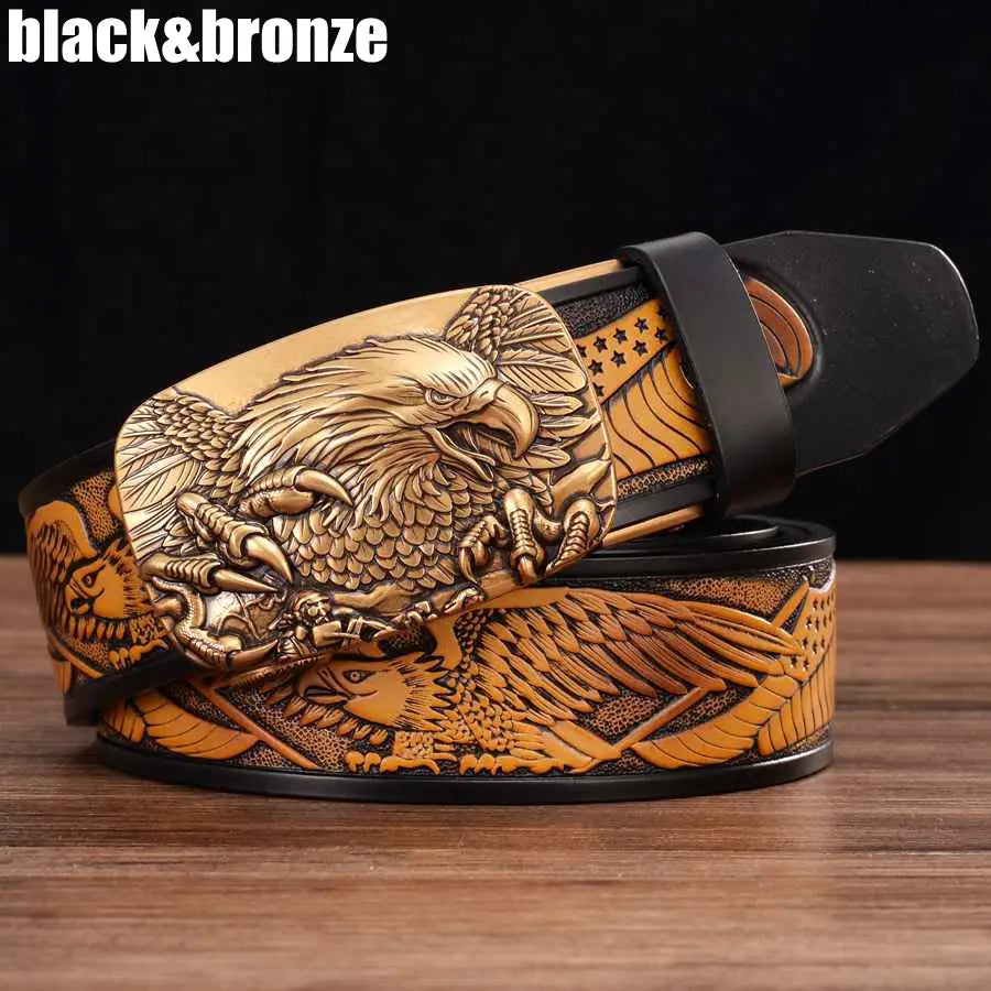 Men’s leather ratchet belt with a golden brown color featuring an intricately carved eagle design and a black buckle.