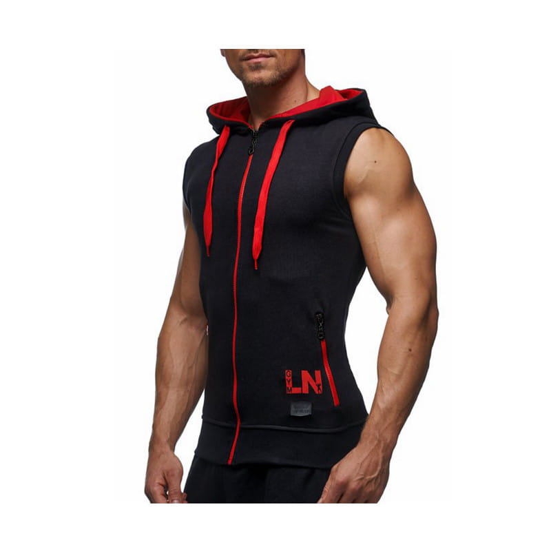 Black sleeveless zip-up hoodie with red inner lining and drawstrings featuring a bold ln logo on the lower front designed as men sleeveless zip hoodie gym tank top activewear.