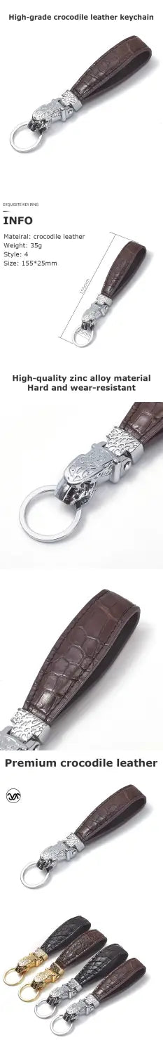 Brown crocodile leather keychain with silver toned metal accents featuring a sleek minimalist design in a luxury leather tiger head keychain for car keys.