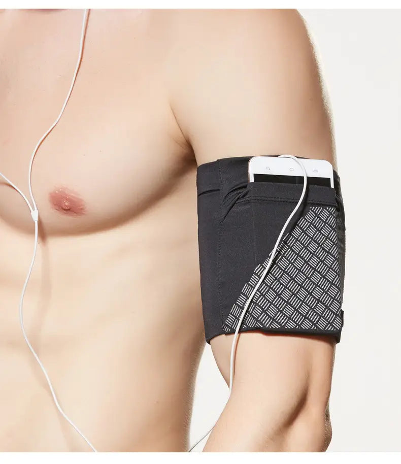 Black running armband with gray geometric pattern designed to hold and secure 6.5 inch phones on an athletic arm